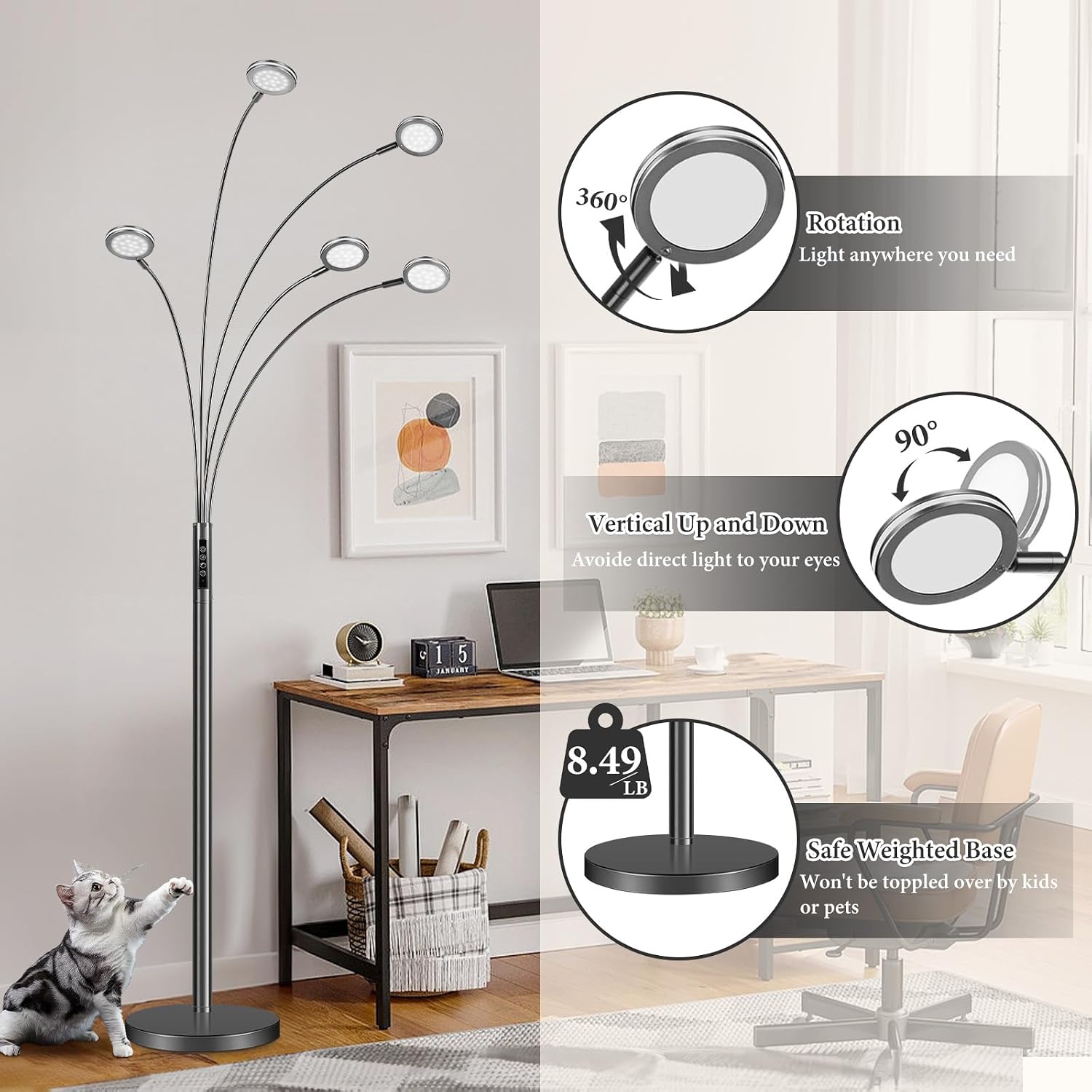 LED Arc Floor Lamp with Remote, 2250LM Dimmable Black Chrome Floor Lamp with Timer, Adjustable Colors, Brightness & 5 Adjustable Arms, Multi-Head Tall Tree Standing Lamp for Living Room Bedroom Office