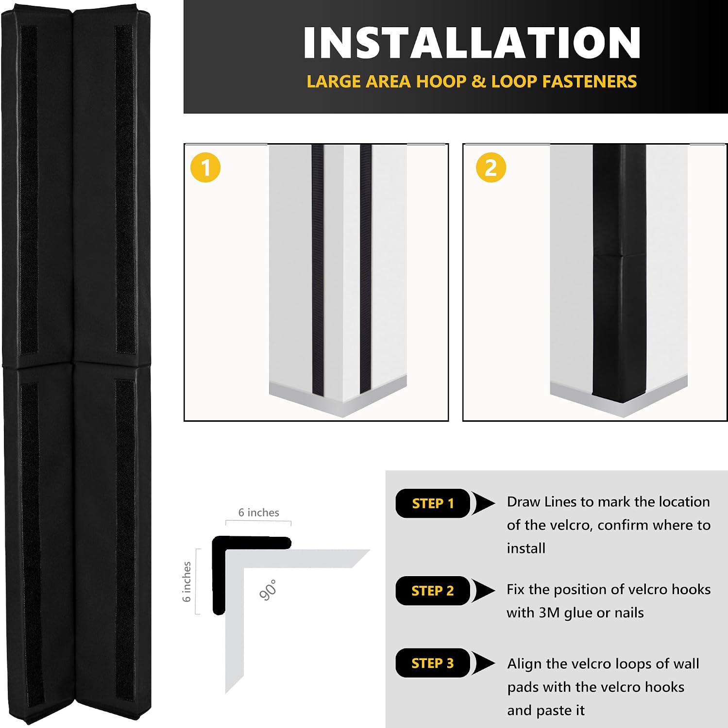Wall Corner Guards & Edge Protector, Heavy Duty Wall Corner Protective Safety Padding, All-Weather 2 Sides Corner Pad for Gyms, Basketball Court, Playrooms, Garages,etc. (Black, 5FT Tall 6in Sides)