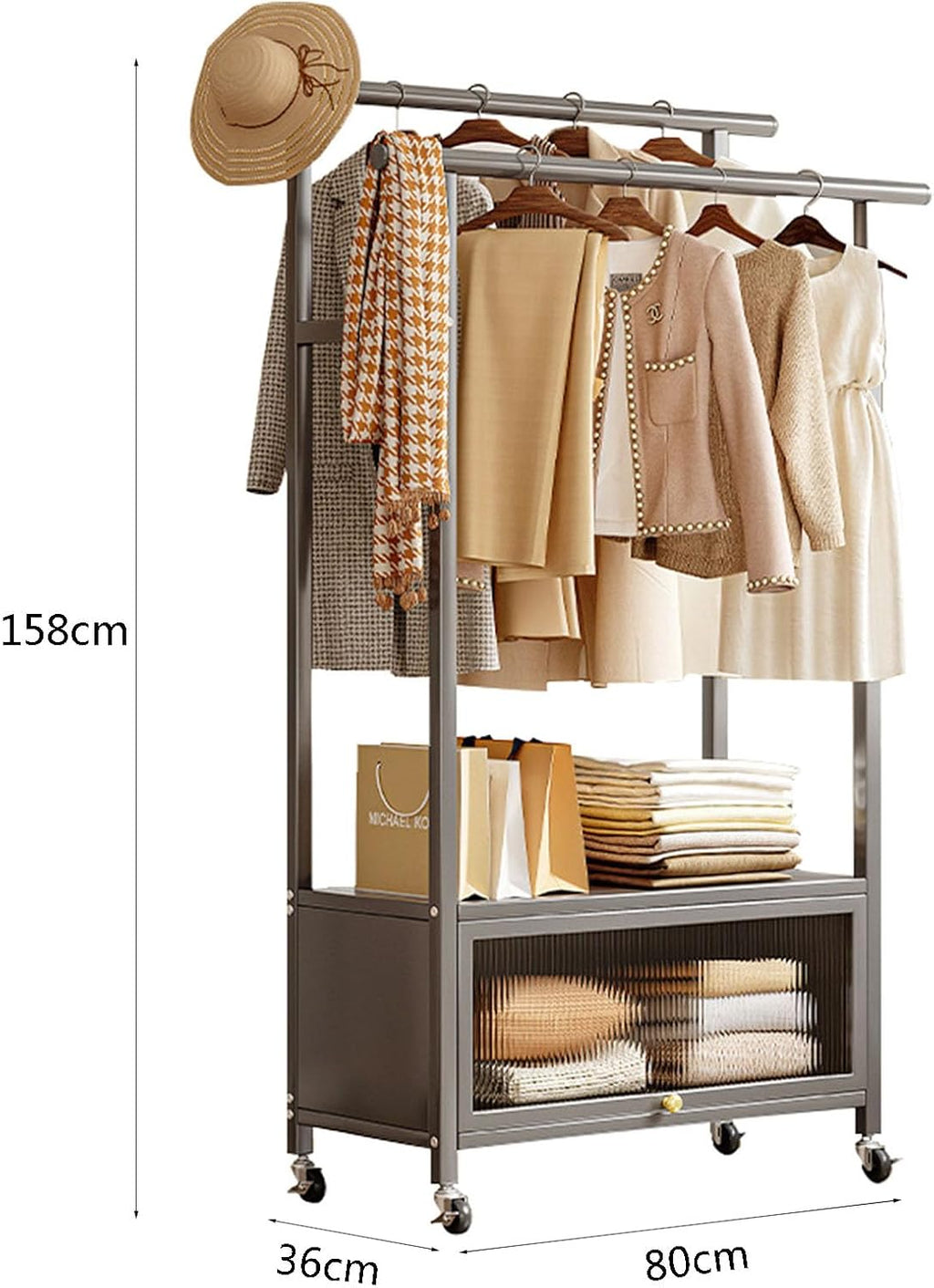Clothing Rack, coat rack with Wheels Rolling Clothes Rack with Storage Coat Rack Stand Modern Garment Rack for Bedroom Boutiques Heavy Duty Coat Hanger Rack