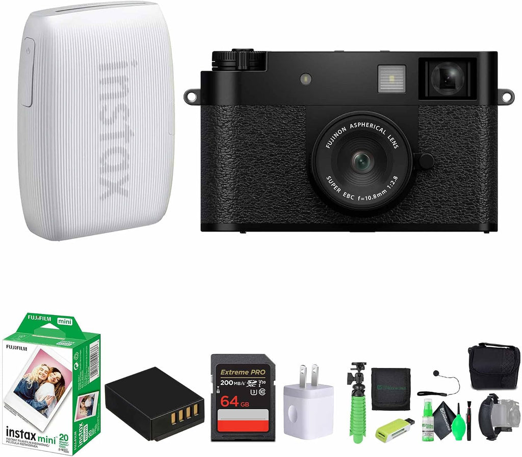 FUJIFILM X Half Premium Compact Digital Camera (Black) Bundle with Fuji Link 3 Smartphone Printer (Clay White) + Instax Mini Film + 64GB Memory Card + Flexible Tripod + Cleaning Kit + More