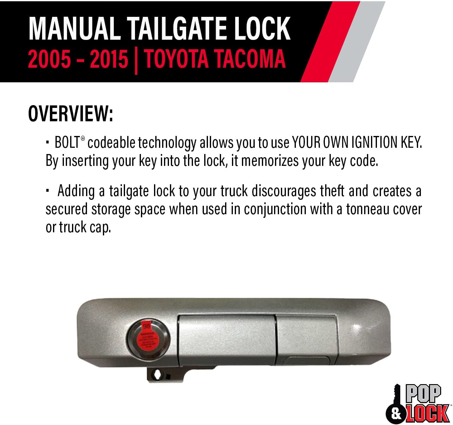 Pop & Lock PL5405 Silverstreak Mica Manual Tailgate Lock with Bolt Codeable Technology for Toyota Tacoma