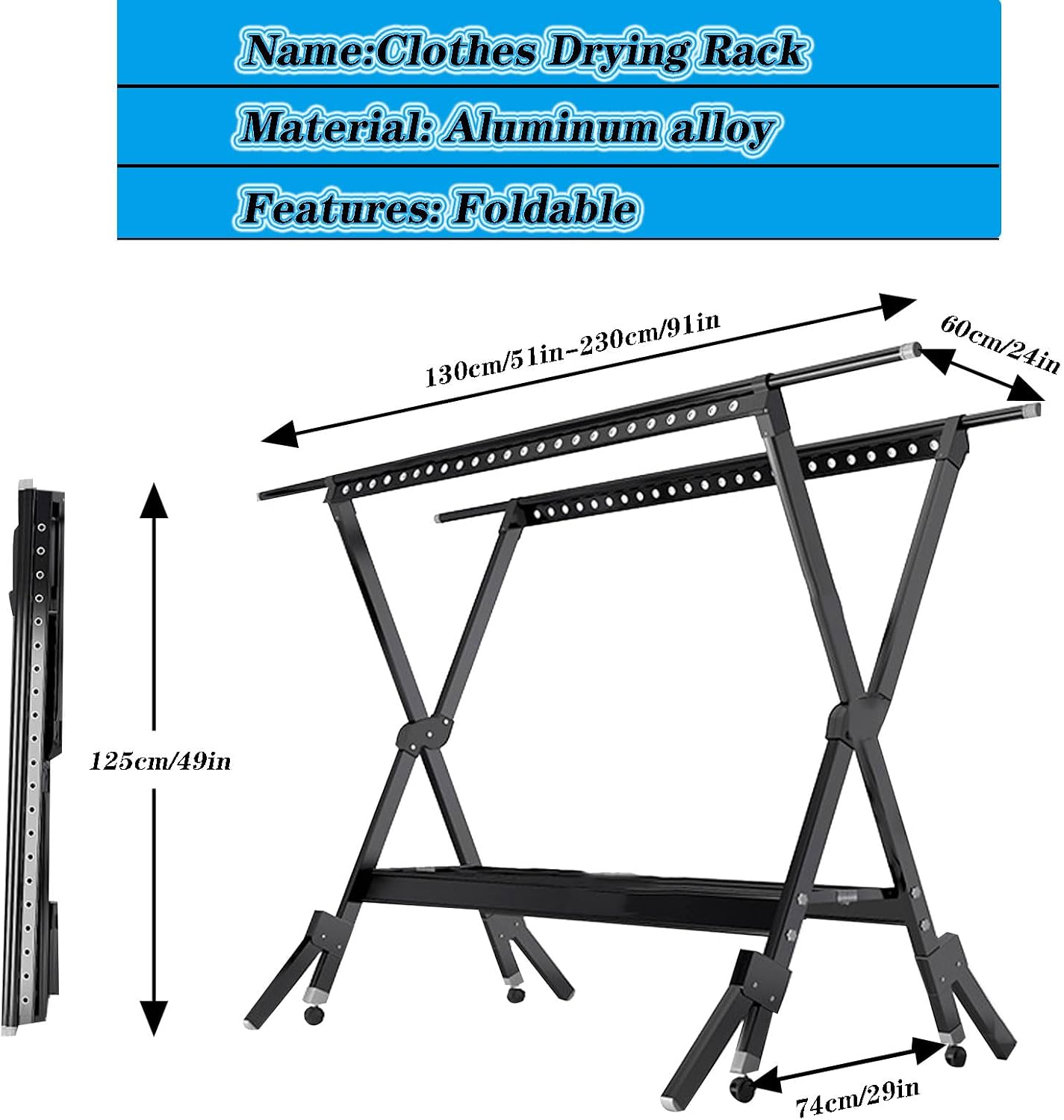 Clothes Drying Racks for Laundry Outdoor,Laundry Drying Rack Foldable,Aluminum Alloy Laundry Stand Organizer with Wheels,Rolling Garment Rack Heavy Duty(Black 230cm/91in)