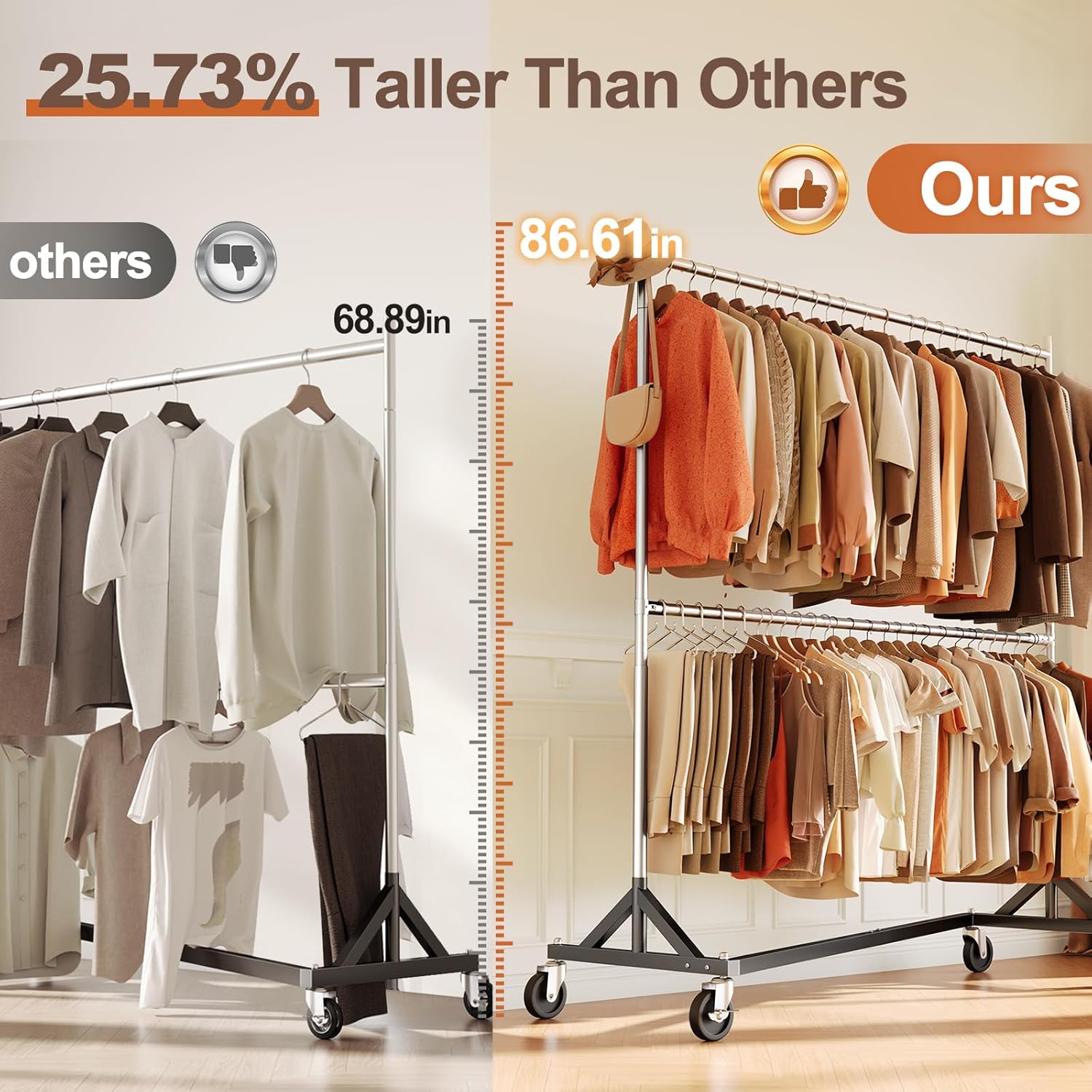 HOKEEPER Clothes Rack, Z Rack Heavy Duty Clothing Rack Commercial Garment Rack for Hanging Clothes with Wheels Hold 610 LBS Rolling Portable Z Rack for Bedroom, Laundry 23' D x 63' W x 86' H