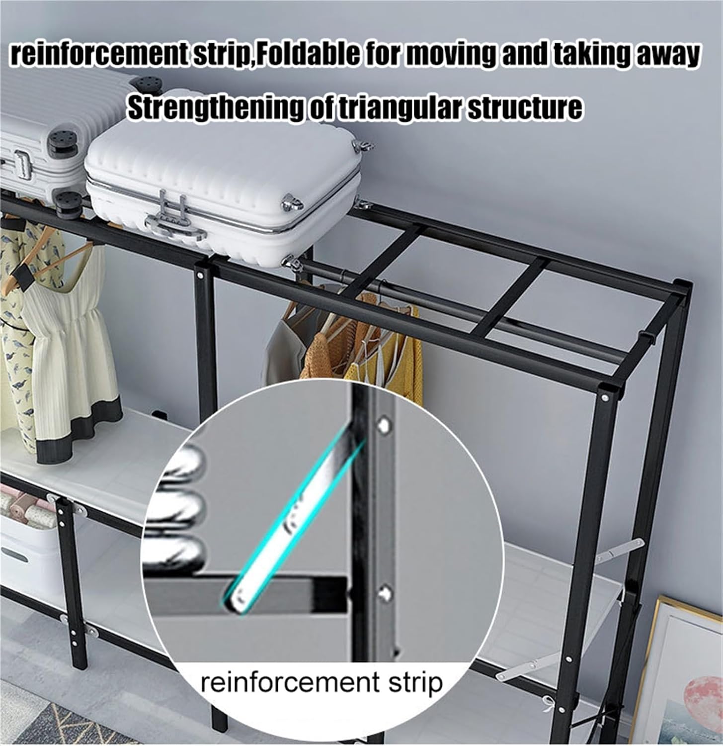 Folding Heavy Duty Clothes Rack With Cover,Large Portable Armoire Wardrobe Closet, Metal Frame Clothes Rack,One Piece Folding Design,for Bedroom Closet(110cm)