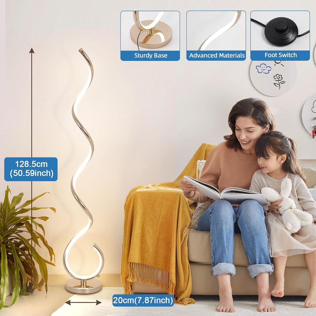 EIDISUNY Modern Spiral Floor Lamp for Living Room, Bedroom & Office - 3 Color Temperature LED with Remote & Foot Switch, Dimmable 48W (Gold)