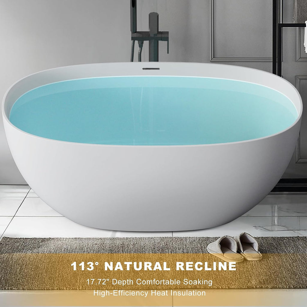 Stone Resin Freestanding Bathtubs,Soklawah 67' Solid Surface Luxury Soaking Tub,Oval Stand Alone Bathroom Bath tub with Drain & Integrated Slotted Overflow,Matte White Elegant Soaker Free Standing Tub
