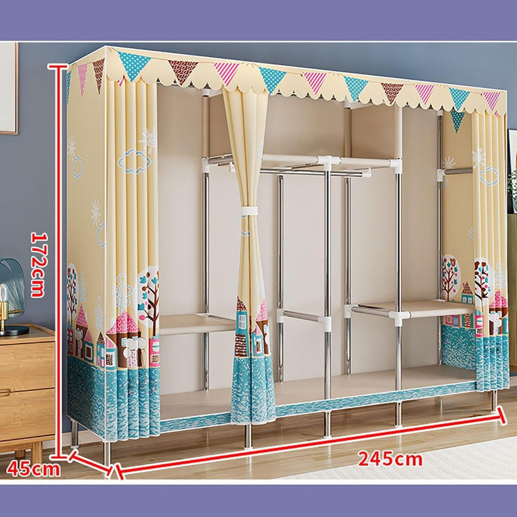 Garment Rack With Cover Heavy Duty Storage Wardrobe Closet With 3 Rods For Hanging Clothes, Closet Rack With 6 Shelves For Bedroom (Color : Blue A, Size : 245x45x172cm)