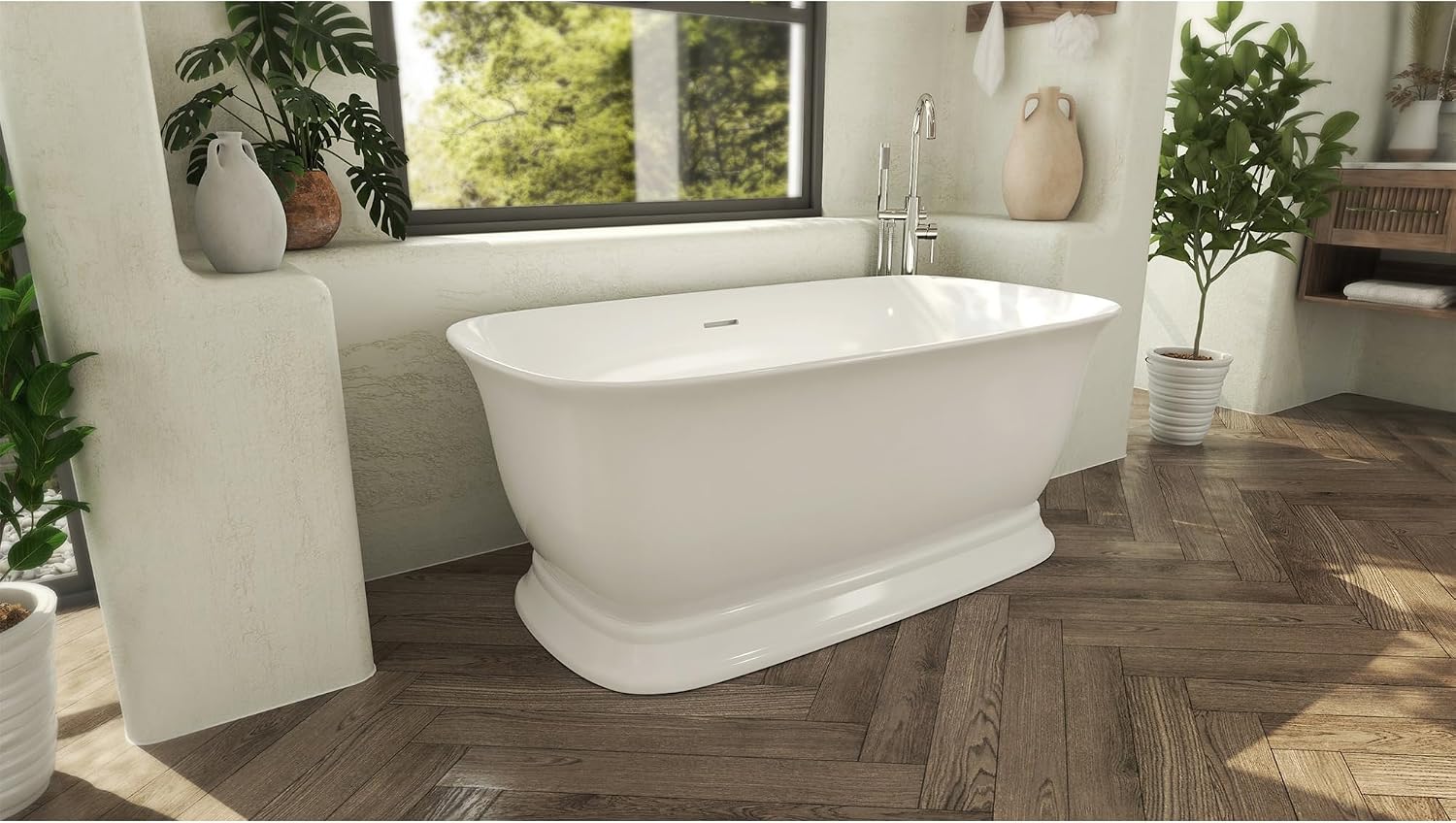 Ascend 67 in. L x 31-1/2 in. W x 23-5/8 in. H Freestanding Acrylic Bathtub, Polished Nickel Drain