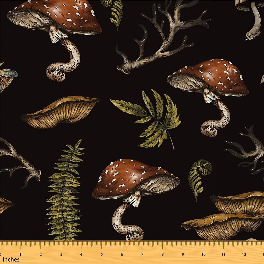Mushroom Fabric by The Yard Watercolor Plant Rustic Style Indoor Fabric Soft Flannel Polyester No Stretch and Home DIY Projects Branch Weed Black Outdoor Fabric for Clothing Quilting Sewing,10 Yards