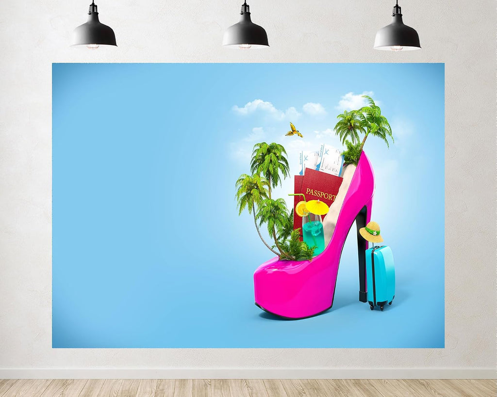 Trykid 20x10ft Pink High Heel Tropical Vacation Essentials Backdrop Travel Getaway Concept Photography Background Bachelorette Party Event Party Decoration Photo Booth Prop Fabric
