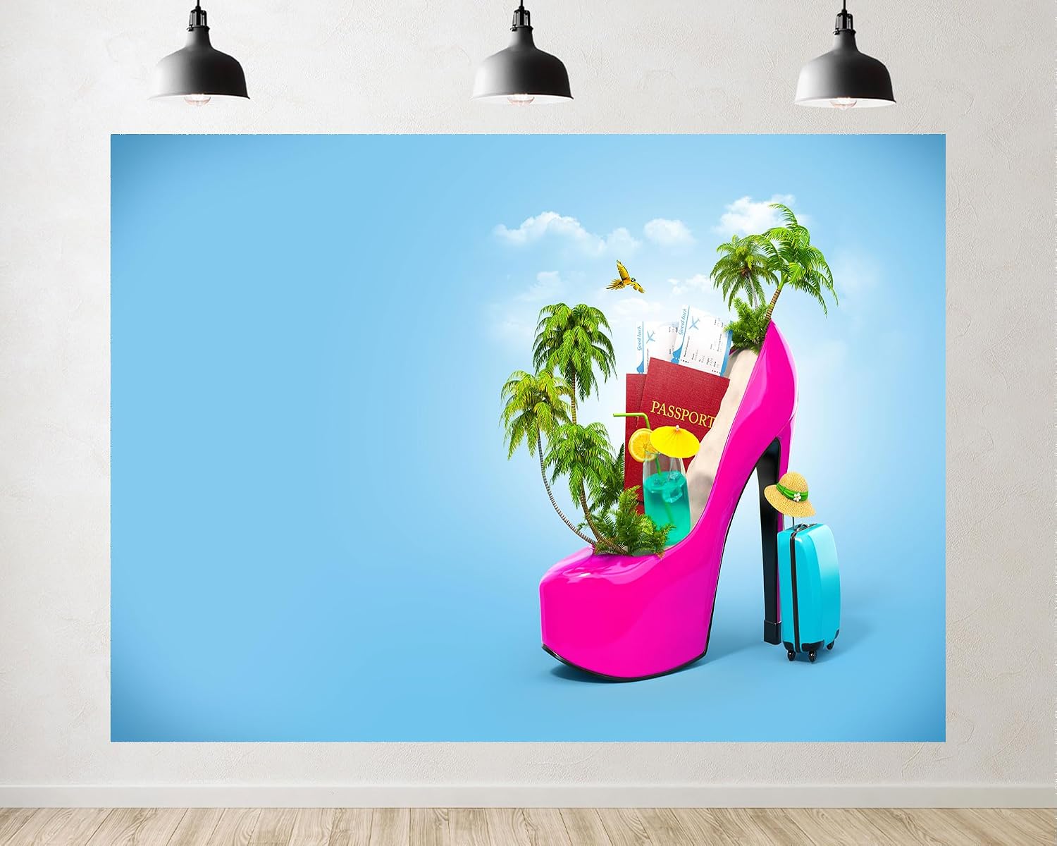 Trykid 20x10ft Pink High Heel Tropical Vacation Essentials Backdrop Travel Getaway Concept Photography Background Bachelorette Party Event Party Decoration Photo Booth Prop Fabric