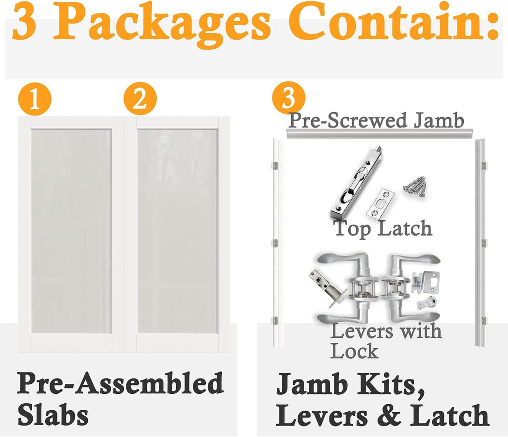 Prehung French Door 60' x 80' (2x30 in), Tempered Frosted Glass Door Slabs with Jamb, Silver Hinges, 4 Levers & Latch, Solid Core Interior Door, Pre-Finished & Paintable, MDF Double Doors Interior