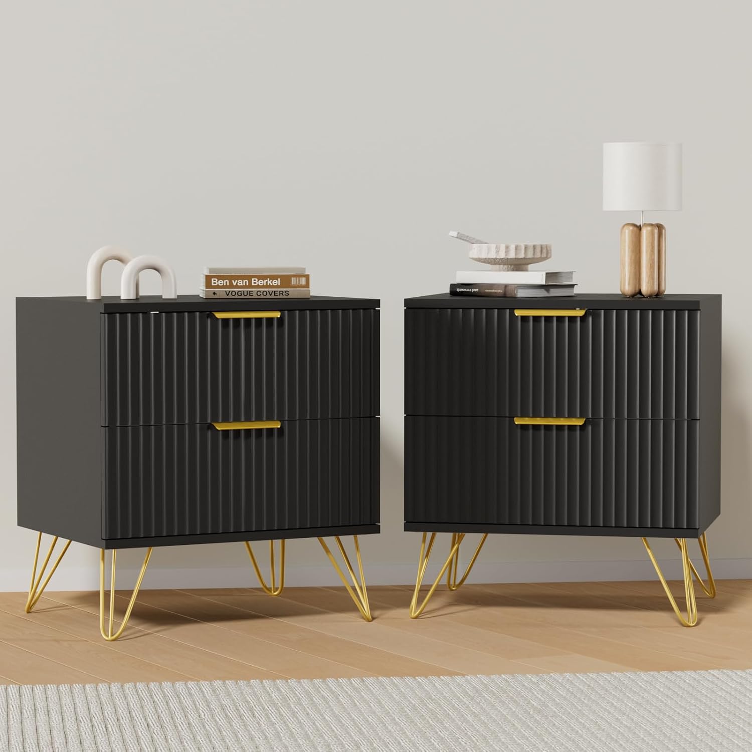 Set of 2 Black Nightstand, Modern Night Stand Bedside Table with 2 Storage Drawer, Bed Side End Table with Golden Handles and Legs for Bedroom, Black