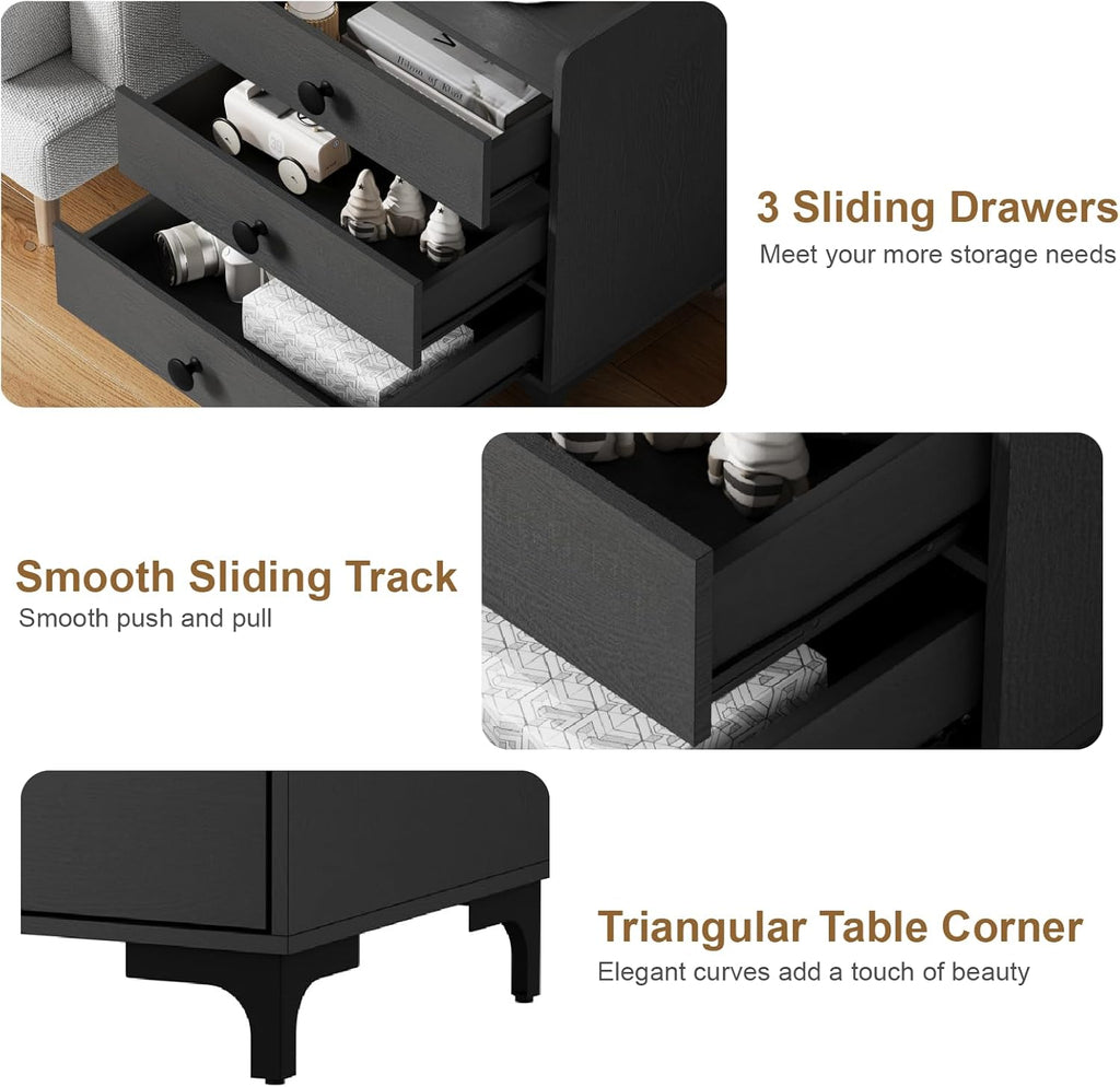 Rreyet 29' Nightstand Set of 2, 3 Drawers, Black | Charging Station, Button Handle, Smooth Sliding, Enhanced Storage, For Bedroom, Sofa Side