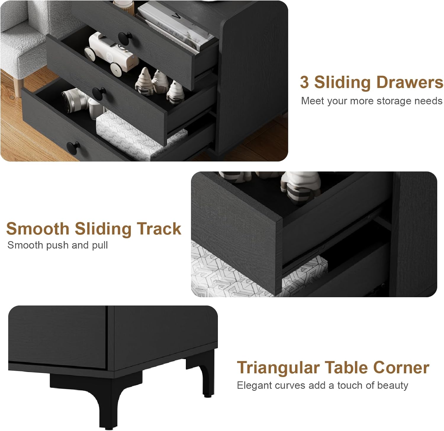 Rreyet 29' Nightstand Set of 2, 3 Drawers, Black | Charging Station, Button Handle, Smooth Sliding, Enhanced Storage, For Bedroom, Sofa Side