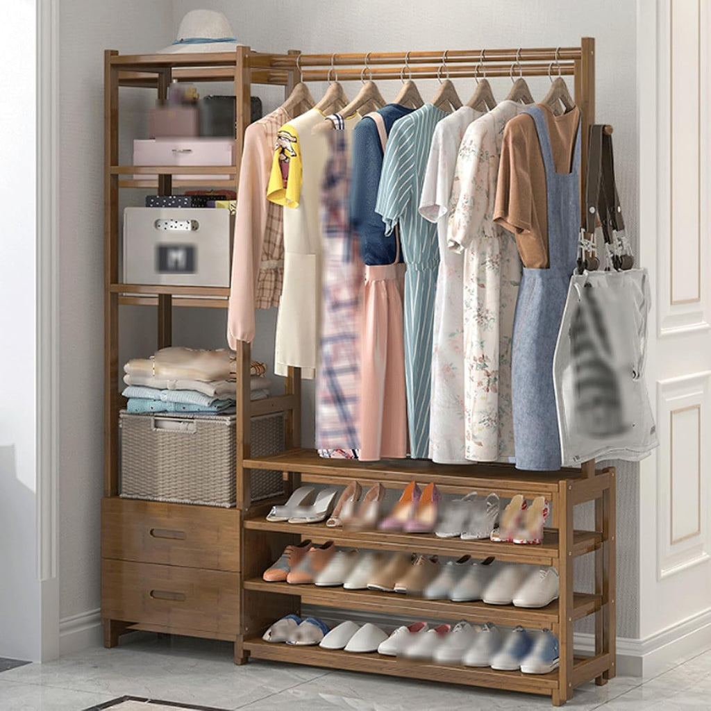 Bamboo Clothing Garment Rack w/3 Tier Shoe Rack & 2 Drawers Heavy Duty Clothes Rack Storage Shelves Multifunctional Wardrobe Closet Organizer for Entryway