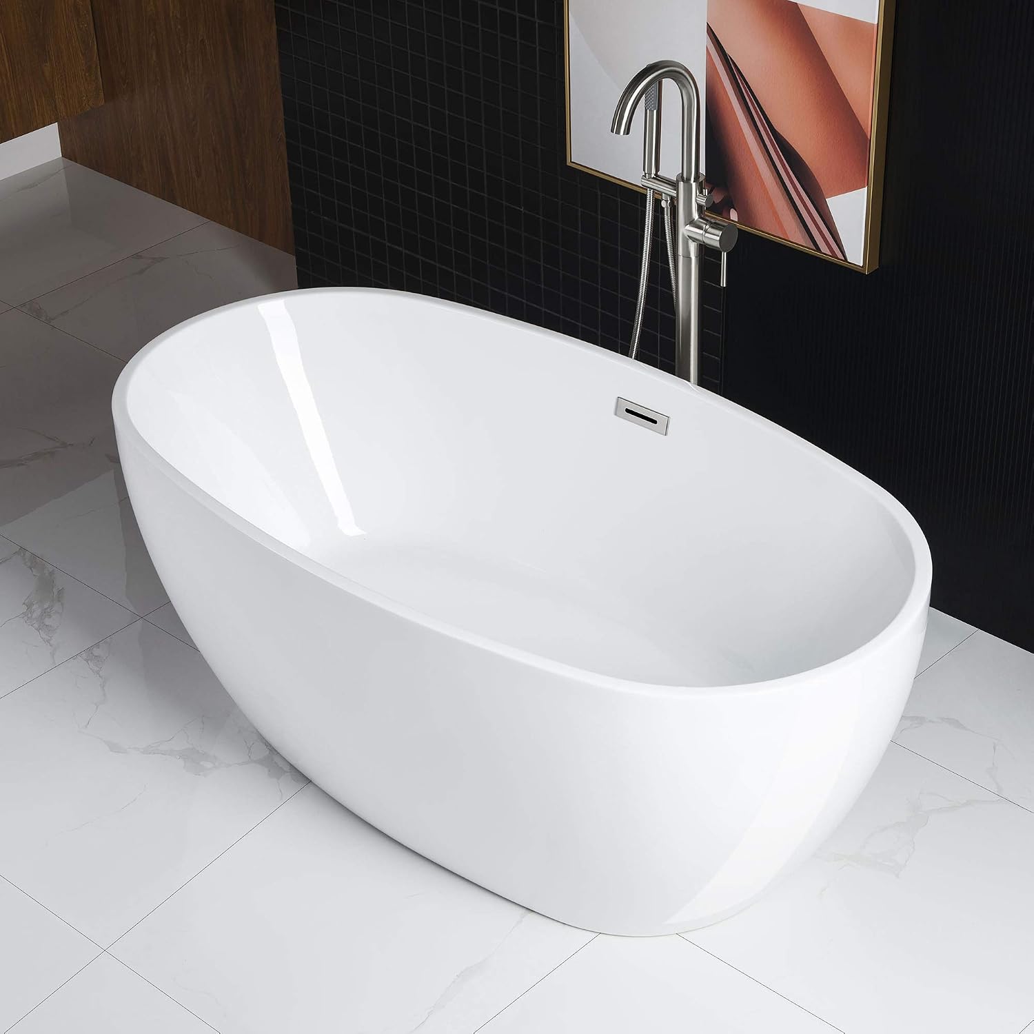 WOODBRIDGE 59'Freestanding White Acylic Soaking Bathtub with Brushed Nickel Drain and Overflow,BTA1518 -B/N-Drain &O