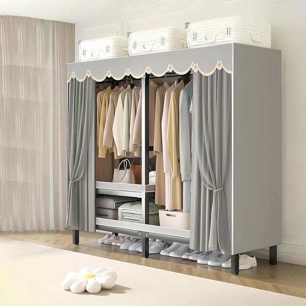 Large Foldable Clothing Rack With Cover Heavy Duty Metal Clothes Racks On Wheels Loads 2000LBS Covered Wardrobe Closet For Hanging Clothes