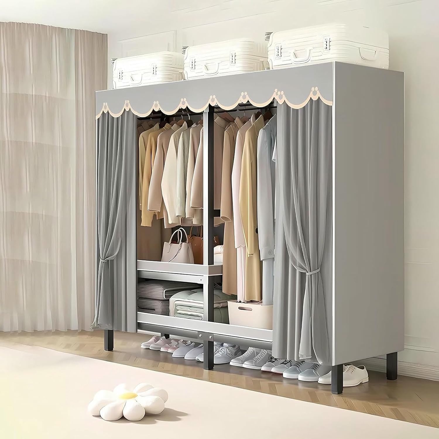 Large Foldable Clothing Rack With Cover Heavy Duty Metal Clothes Racks On Wheels Loads 2000LBS Covered Wardrobe Closet For Hanging Clothes