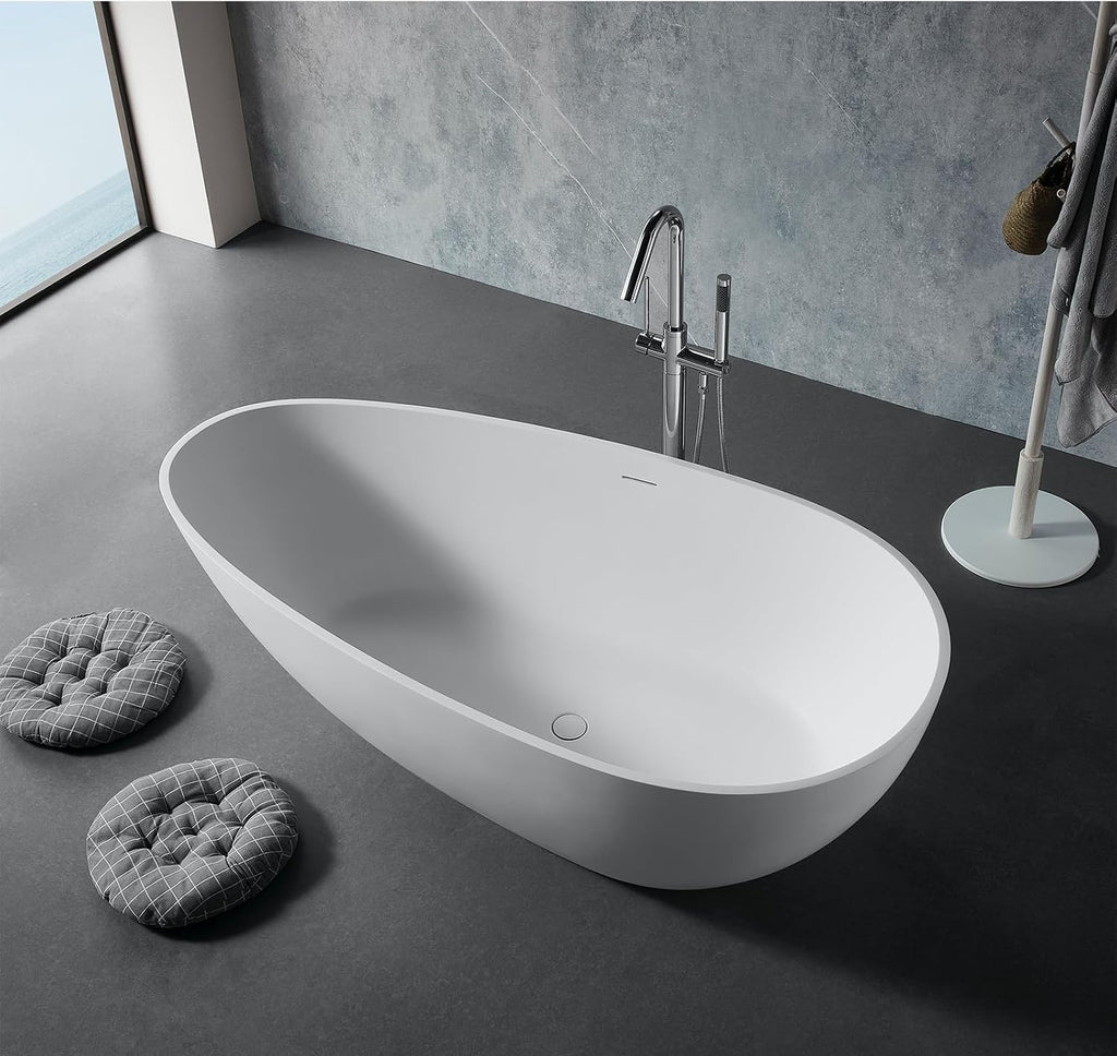 TONA 59' Stone Resin Freestanding Bathtub， Modern Egg Shell Shapes Solid Surface Soaking Stand Alone Tub, Matte White, Drain & Overflow Included