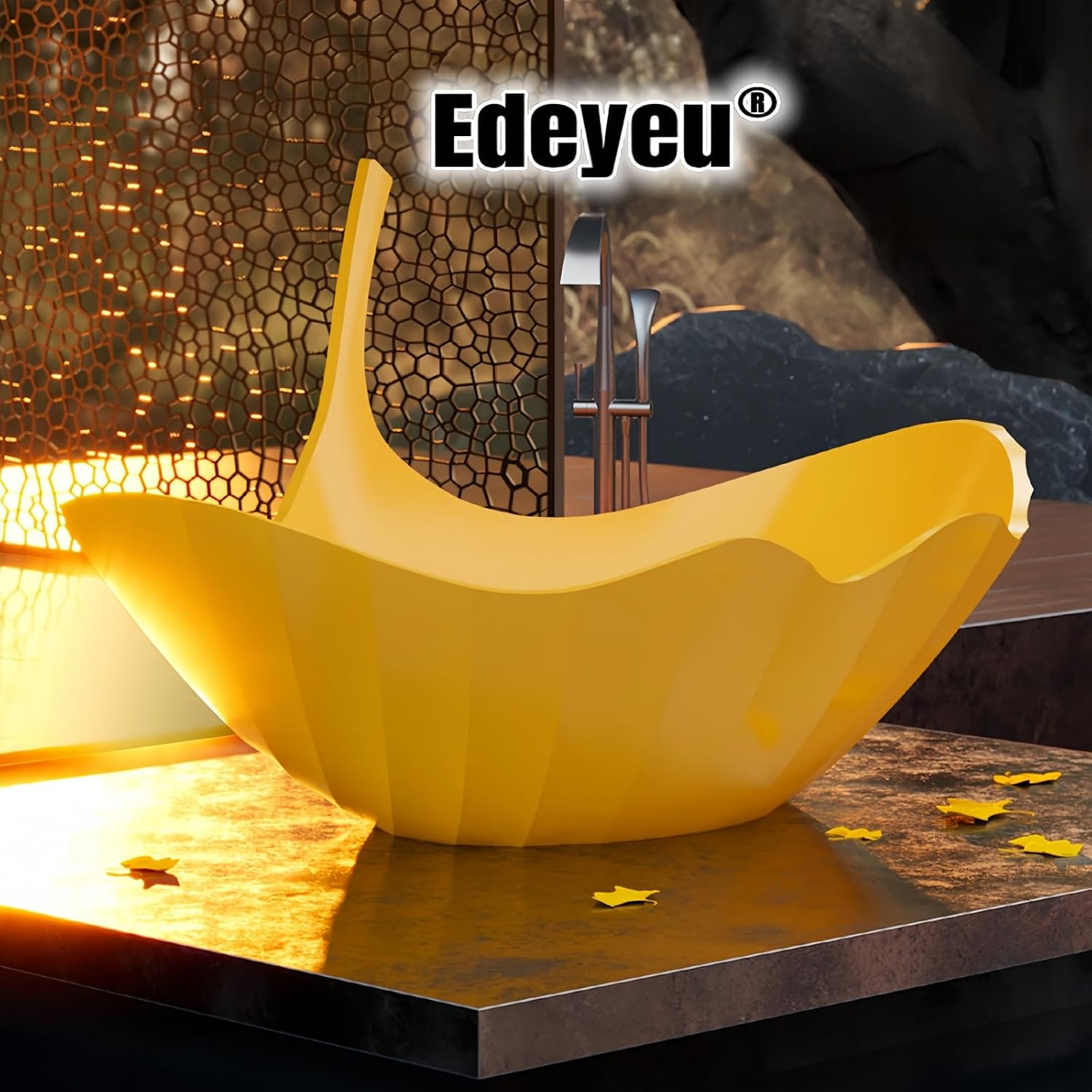 67' Luxury Freestanding Bathtub - Ginkgo-Leaf Soaking Tub with Deep Immersion, Heat-Retaining Resin Construction, Seamless Design, and Artistic Solid Surface Bathtub Craftsmanship Yellow