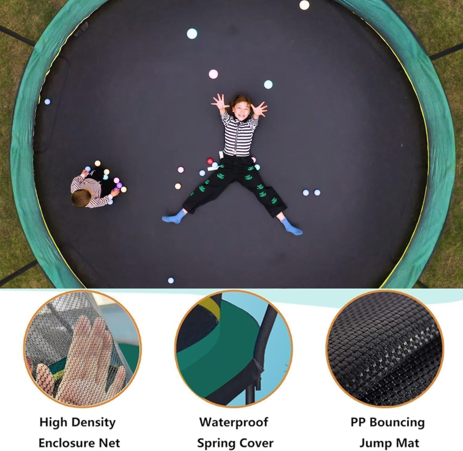 1400LBS 6FT 8FT 10FT 12FT 14FT Springless Trampolines for Kids and Adults, ASTM Approved Outdoor Trampoline with Enclosure Net, Backyard Trampoline with Curved Poles and Bungee Cords