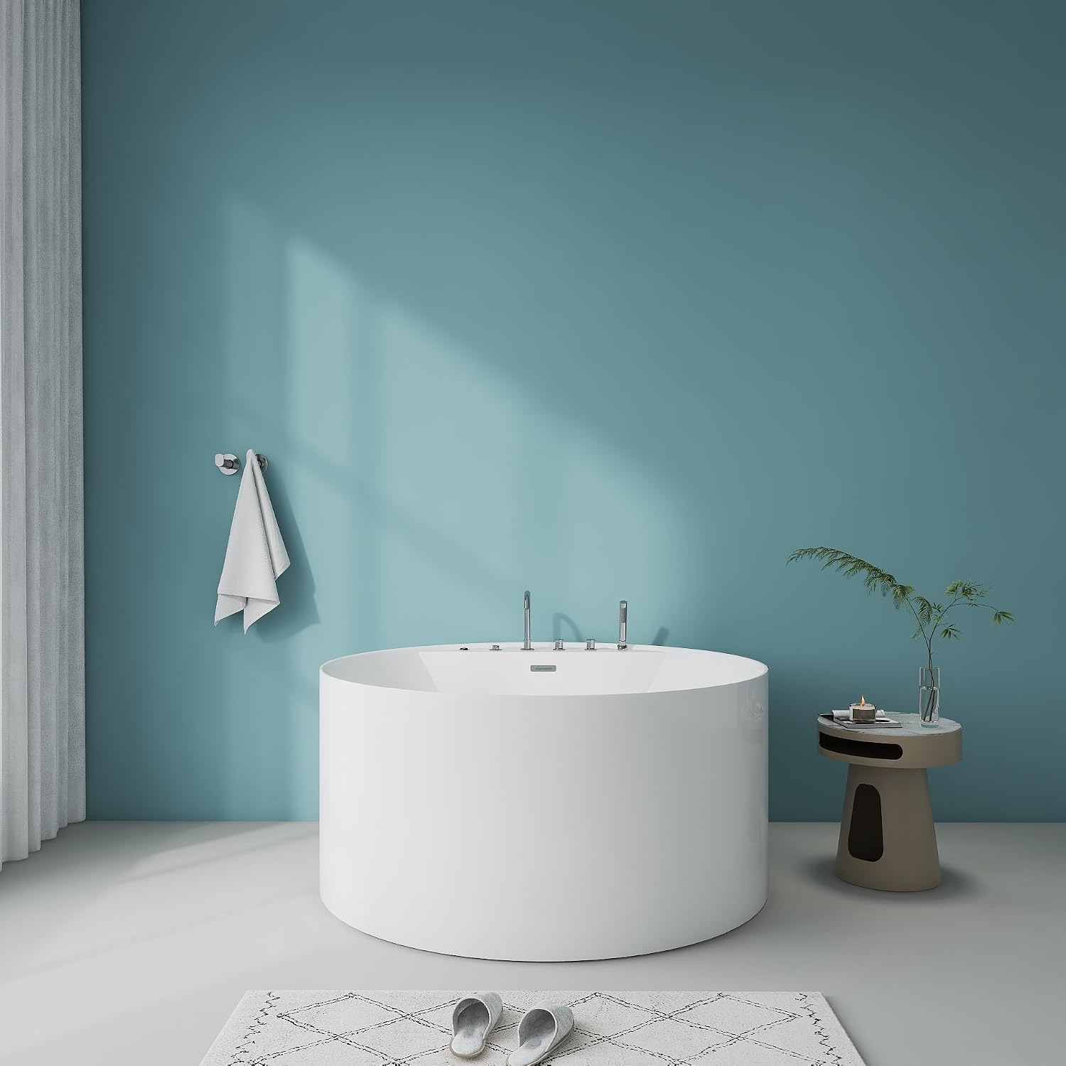 Premium 47' X 47' Freestanding Whirlpool Acrylic Bathtub with Overflow and Drain, Round White Free Standing Tub With Faucet, Chromatherapy LED Lights
