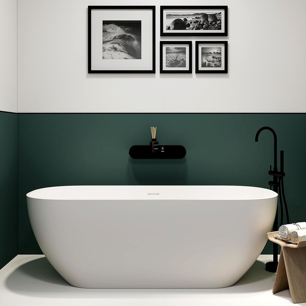 SJ STAR&JANE Solid Surface Freestanding Bathtub, 67' Oval Soaking Tub with Overflow & Pop-up Drain, Matte White Finish for Bathrooms