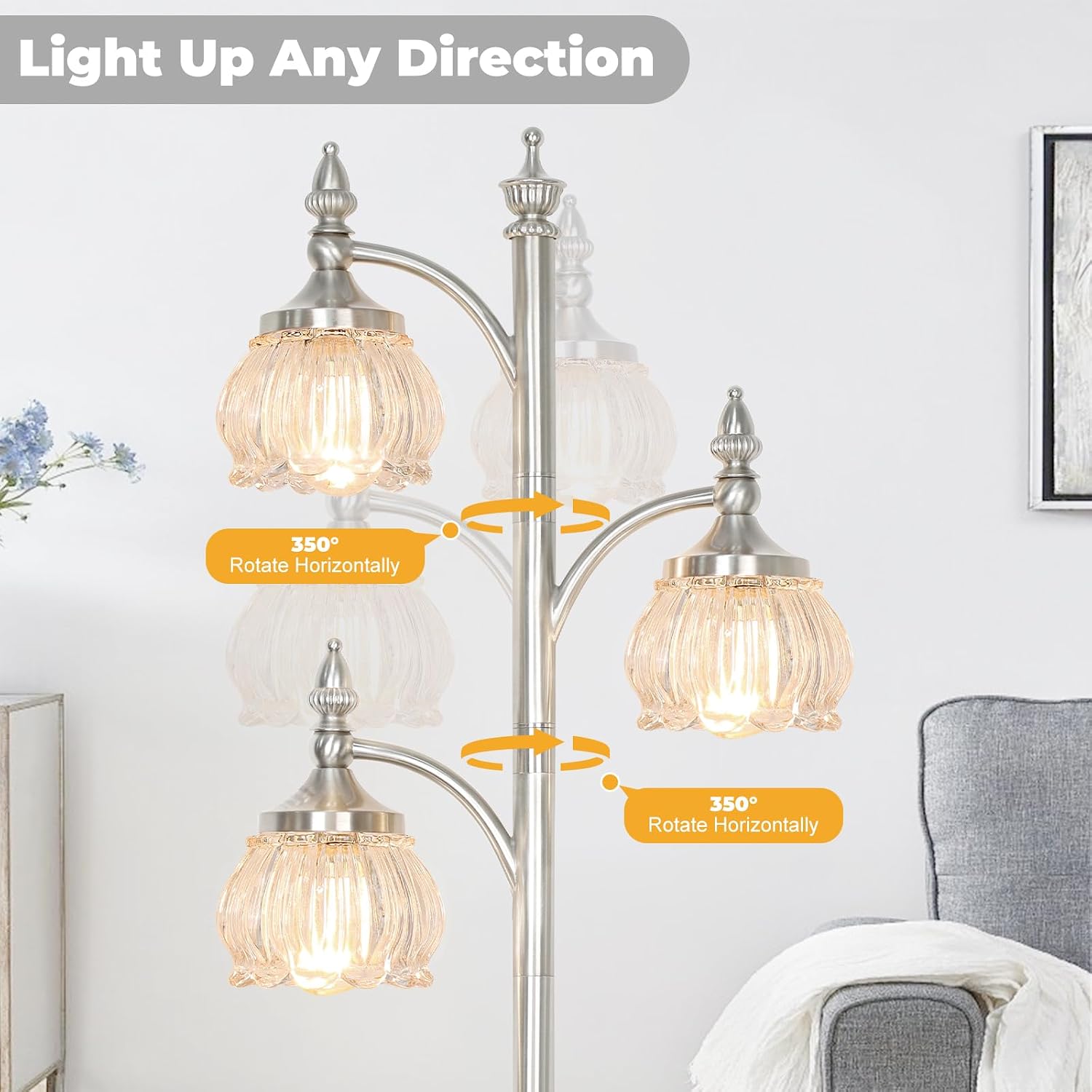 JUNNAI Brushed Nickel Floor Lamps for Living Room Silver Flower Standing Lamp with 3 Brightness Lights Glass Shades 66.5in Lamp for Bedroom Office(3LED Bulbs Included)