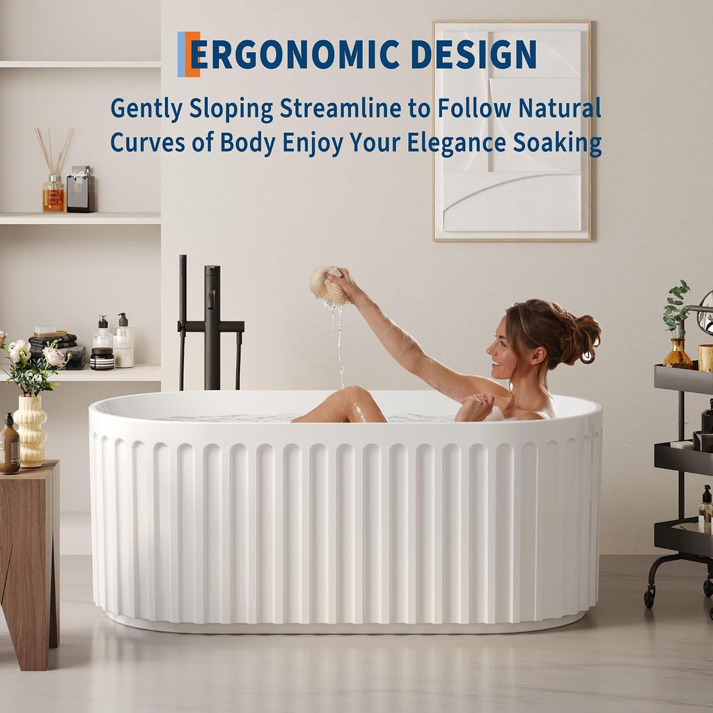 67 Inch Freestanding Soaking Bathtub, Contemporary Acrylic Pleated Tub, White Stand Alone Bath with Chrome Overflow and Drain, Easy Install for Modern Bathroom Renovation