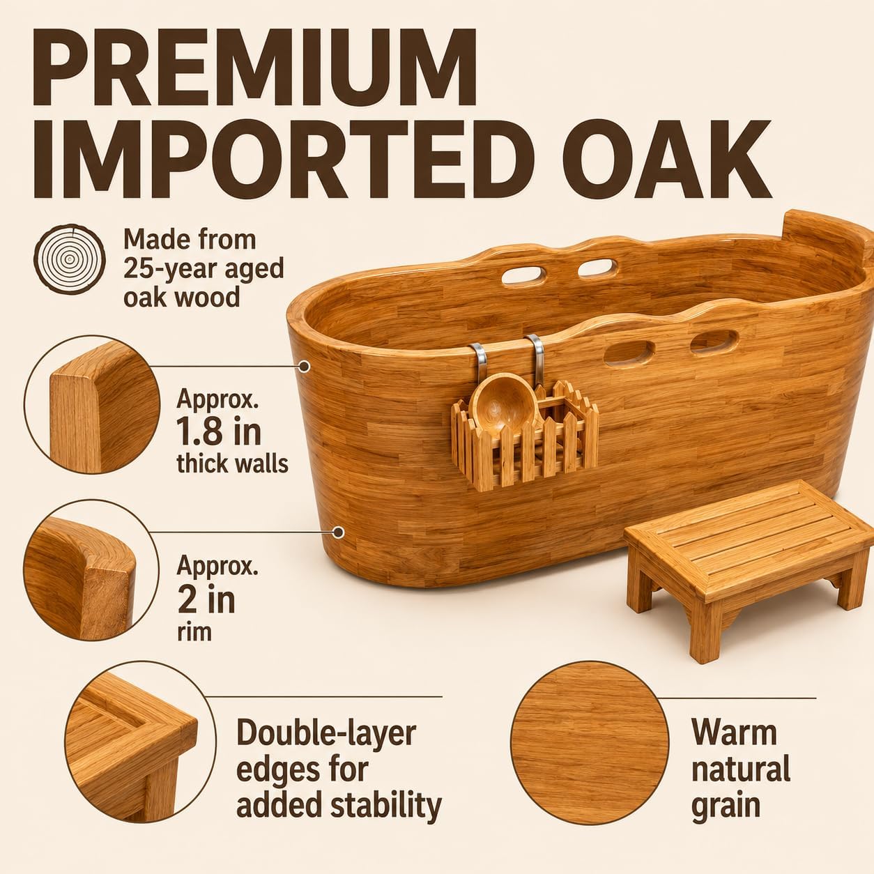 Large Wooden Bathtub Japanese Style Freestanding Oak Soaking Tub with Accessories for Adults, Home Spa and Deep Soaking Experience (wooden color, 43.3')
