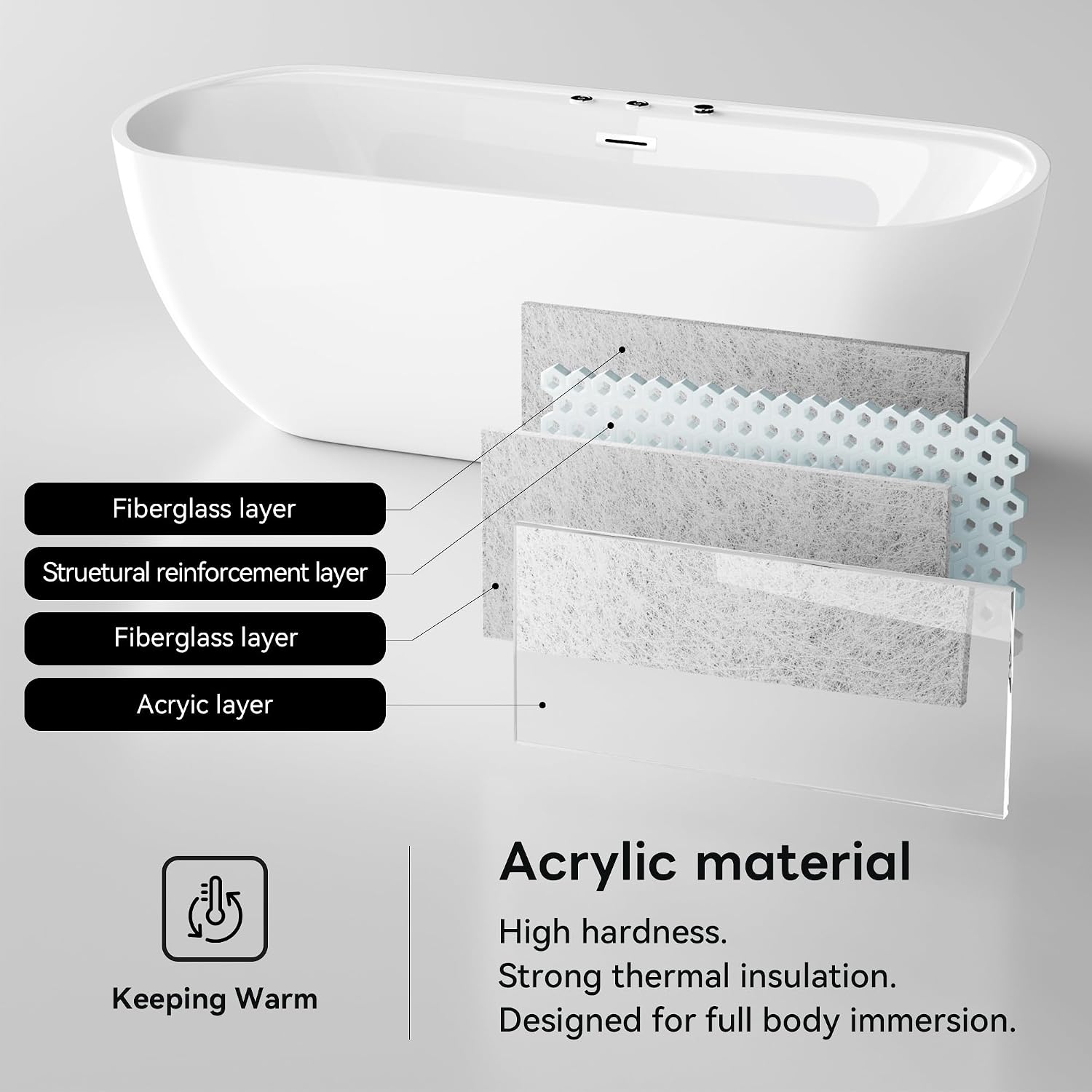67' Freestanding Whirlpool Bathtub, Jetted Tub with 6 Hydro Massage Jets & 8 bubble bath jets, Chromatherapy Color-Changing LED Light & Pneumatic adjust system, Air Bath Soaking, Acrylic, UL Certified