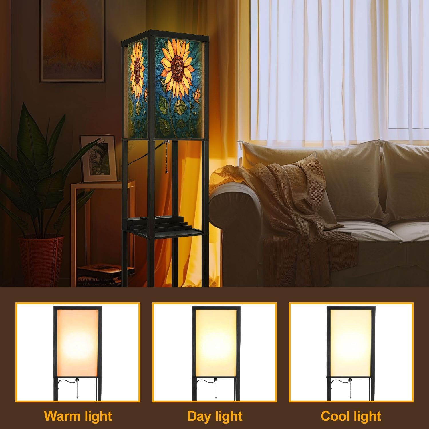 Floor Lamp with Shelves Sunflower Stained Glass for Windows Home Decor Standing Tall Lamp USB Ports & Power Outlet Modern Corner Lamp Nightstand Light for Living Room Bedroom