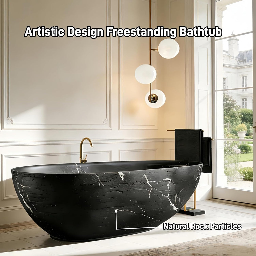 59' Edeyeu Freestanding Bathtub - Solid Surface Soaking Tub with Black & White Marble Design, Luxury Free Standing Tub for Spa, Home, and Villa Bathrooms, Black