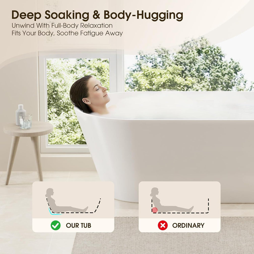 59' Acrylic Freestanding Bathtub,17.7' Deep Soaking Tub with Integrated Overflow & Drain, Non-Slip Base,CUPC Certified Free Standing Tub,Chrome Drain Bath Tub, Modern Tub for Bathrooms,Straight White