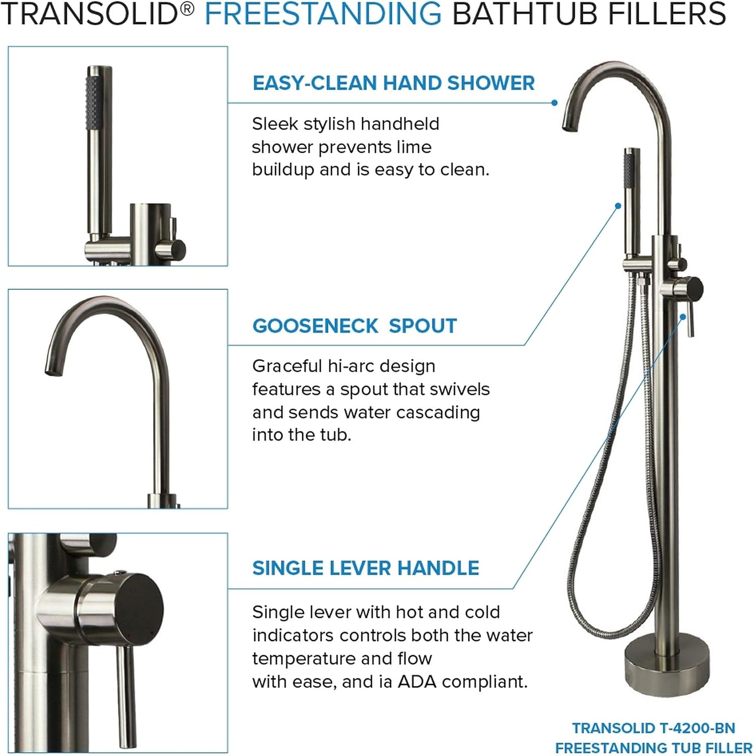 Transolid Aaliyah Freestanding Flatbottom Soaking Bathtub Kit 59 in. x 30-3/4 in. Gloss White with Peyton T4200-BN Brushed Nickel Floor-Mount Faucet and Reversible EZ-Click End Drain