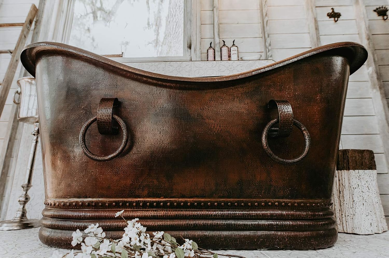 Premier Copper Products BTDR67DB 67-Inch Hammered Copper Double Slipper Bathtub with Rings, Oil Rubbed Bronze