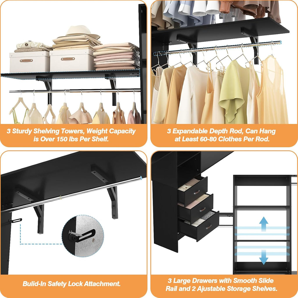 Armocity 96' Wood Closet System with 3 Enclosed Drawers & 3 Solid Shelves, 8FT Adjustable Closet Organizers and Storage, Heavy Duty Modular Wardrobe for Reach-In & Walk-In, 1000 LBS Load, Black