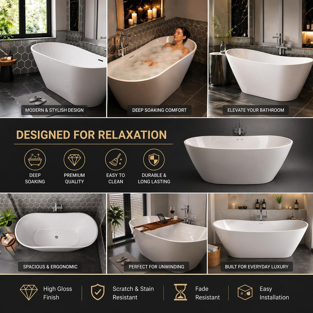 BuildMyplace Sky 67' Acrylic Freestanding Contemporary Soaking Bathtub with Glossy White Finish, Oval Shape, Chrome Plated Drain Cover & Pop Up-Overflow Hole