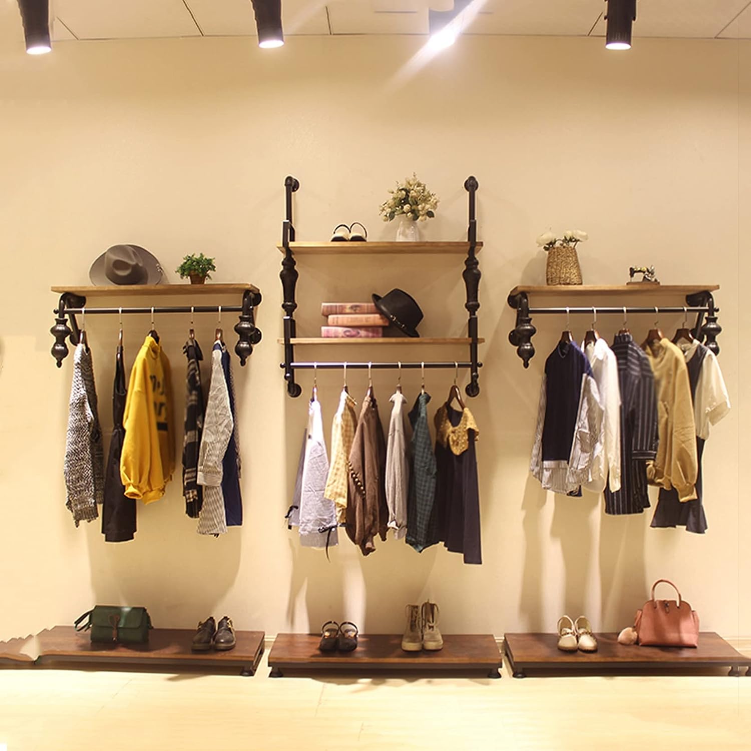3 Section Garment Rack,Floating Industrial Pipe Garment Rack,Wall Mounted Coat Hanger,Retail Display Garment Rack with Wooden Shelf,Heavy Duty Organizer,STU(2-tiers-120CM