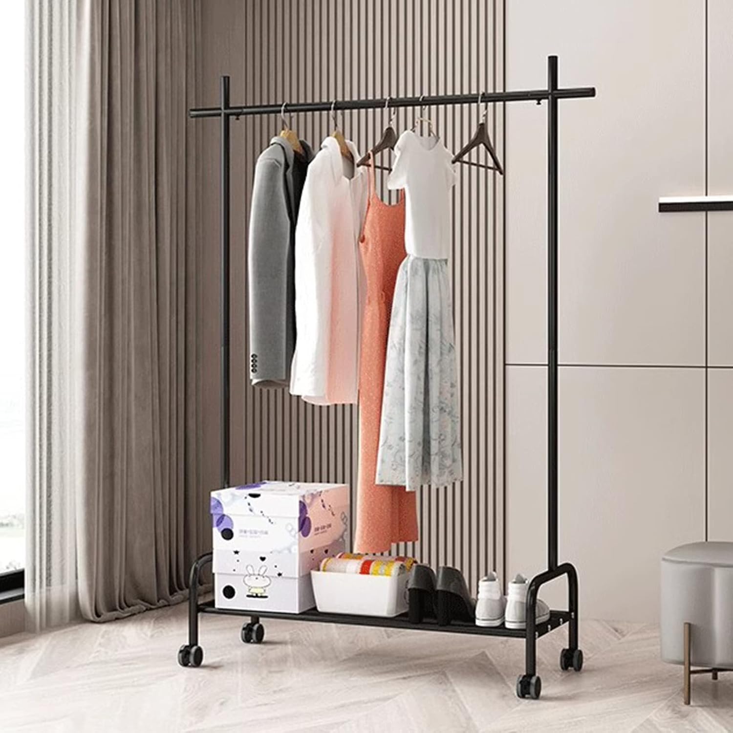 Garment Rack Metal Clothing Rack On Wheels, Portable Garment Rack for Hanging Clothes, Space Saving Coat Rack with Shelves for Bedroom and Office, Black(Size:80X40X165CM)