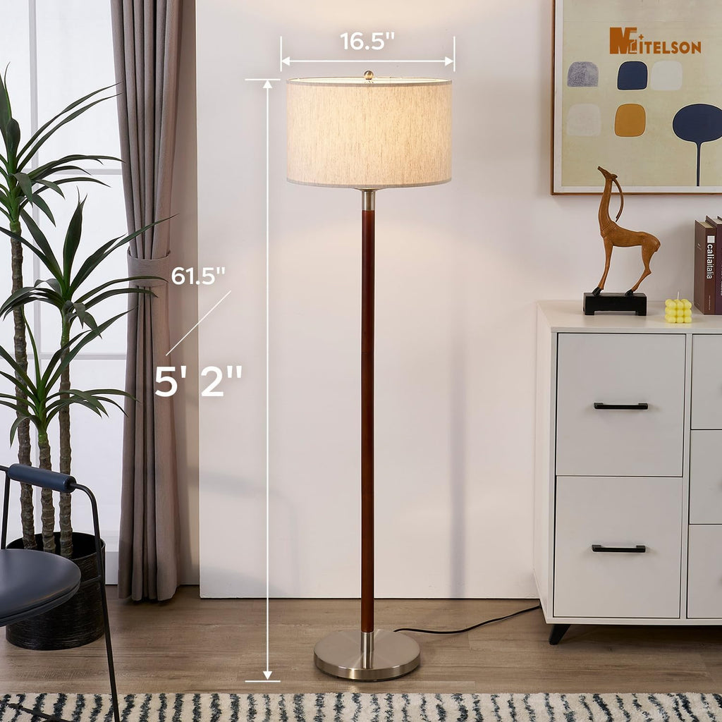 Walnut Brown Modern Floor Lamp for Living Room, Dimmable Tall Standing Lamp with Linen Shade and Bulb, Mid Century Rustic Farmhouse Floor Lamp for Bedroom Office Corner