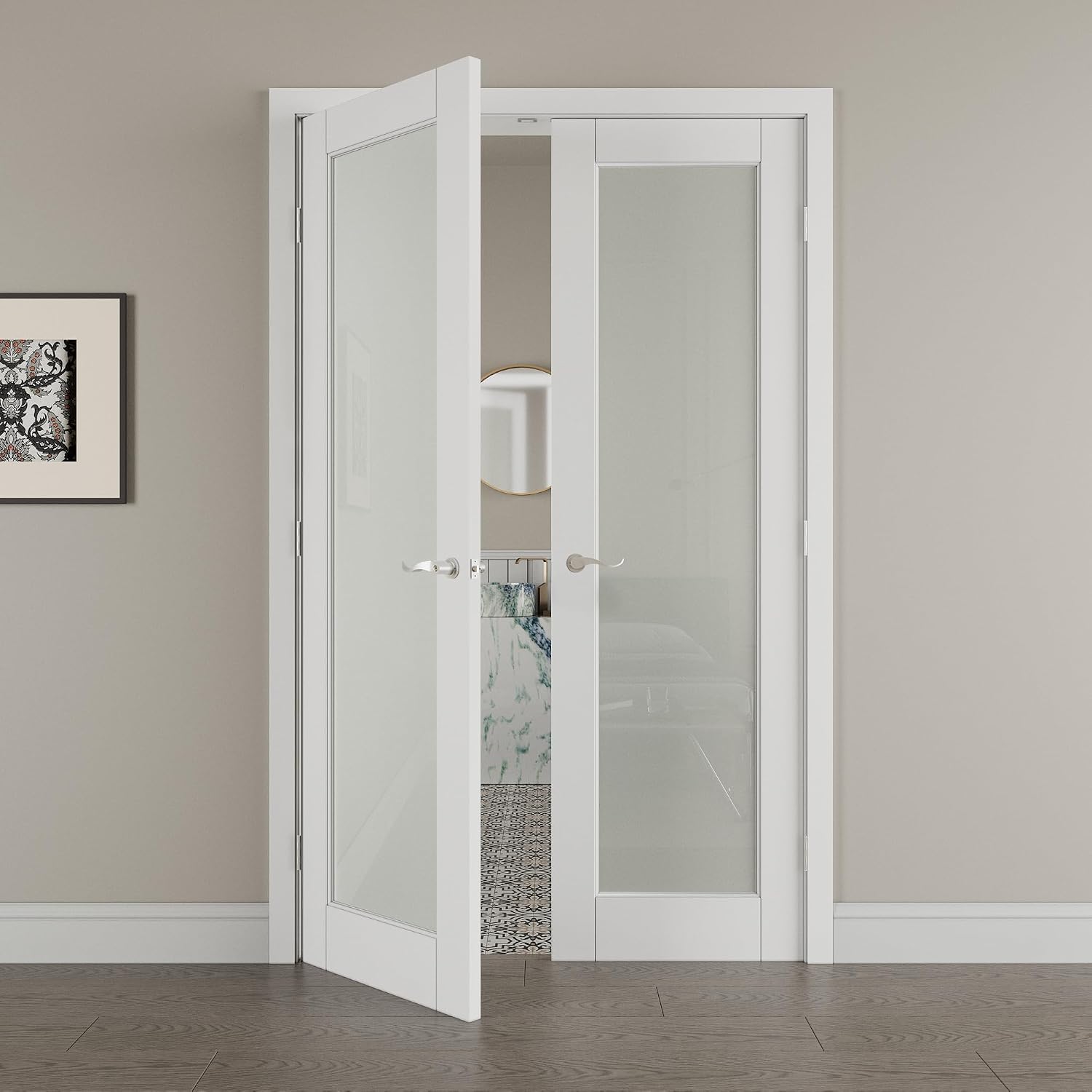 48' x 80' French Doors Interior (Double 24' x 80' Glass Frosted Glass Door with Silver Hinge Prehung Jamb Kit), Pre-Finished & Paintable, Prebuilt Home Door Panels & Assembly Required Jamb