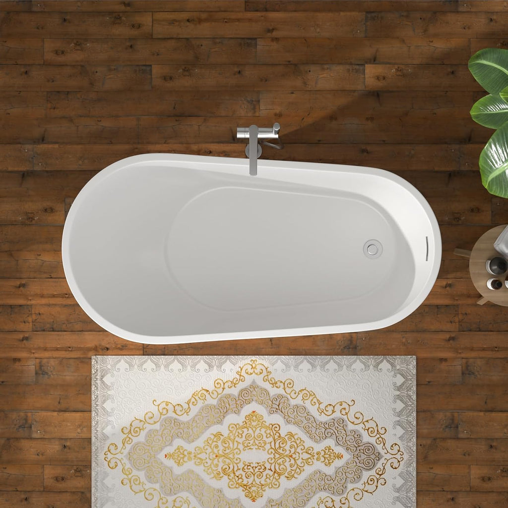 59' Freestanding White Acrylic Slipper Bathtub – Elegant Soaking Tub with Chrome Drain and Ergonomic Backrest for Luxurious Home Bathing, YSB9212
