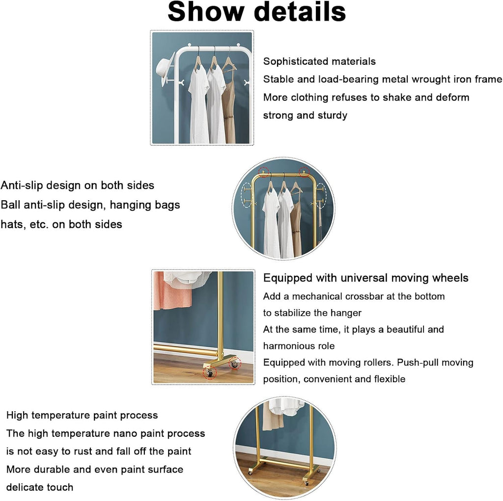 Garment Rack Stand Iron with Universal Wheel and Side Hooks,Modern Clothing Rack for Boutiques,Heavy Duty Clothes Rack for Hanging Clothes,Floor Hanger Storage Rack (B-Length 60cm