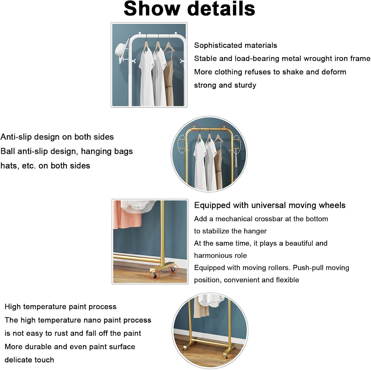 Garment Rack Stand Iron with Universal Wheel and Side Hooks,Modern Clothing Rack for Boutiques,Heavy Duty Clothes Rack for Hanging Clothes,Floor Hanger Storage Rack (B-Length 60cm