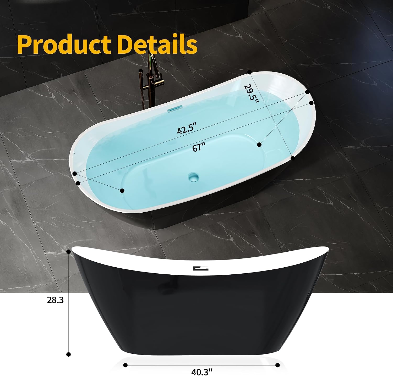 67 Inch Acrylic Freestanding Bathtub, Acrylic Soaking Bathtub with Matte Drain and Overflow, Modern Square Tub, cUPC Certified, Deep Ergonomic Design, Double-Walled Insulation, Easy Installation