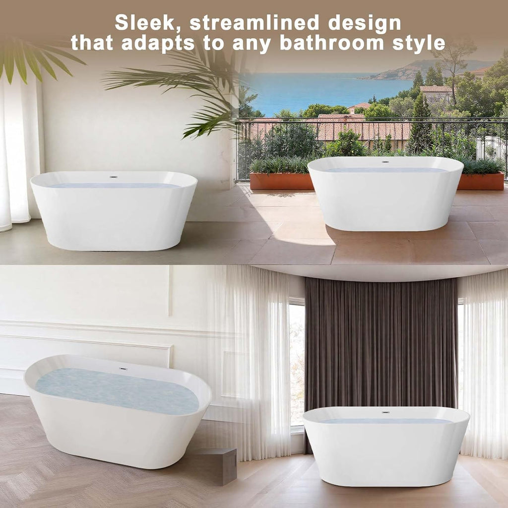 Acrylic Freestanding Soaking Bathtub with Toe-Tap Chrome Drain, Oval Stand Alone Tub, Ergonomic Soaking Tub (67')