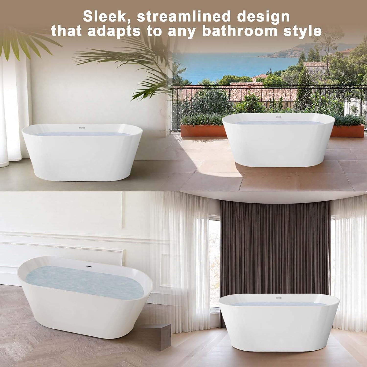 Acrylic Freestanding Soaking Bathtub with Toe-Tap Chrome Drain, Oval Stand Alone Tub, Ergonomic Soaking Tub (67')