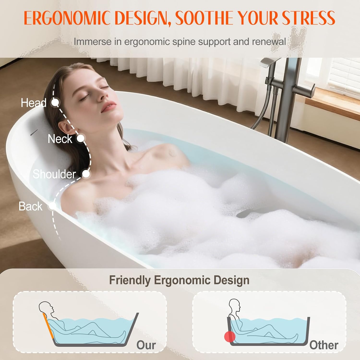 Stone Resin Freestanding Bathtubs,67'Solid Surface Matte White Upgrade One-Piece Molding 18mm Thickened & 30mm Reinforced Overflow edges Luxury Stand Alone Soaking Tub with Drain & Overflow